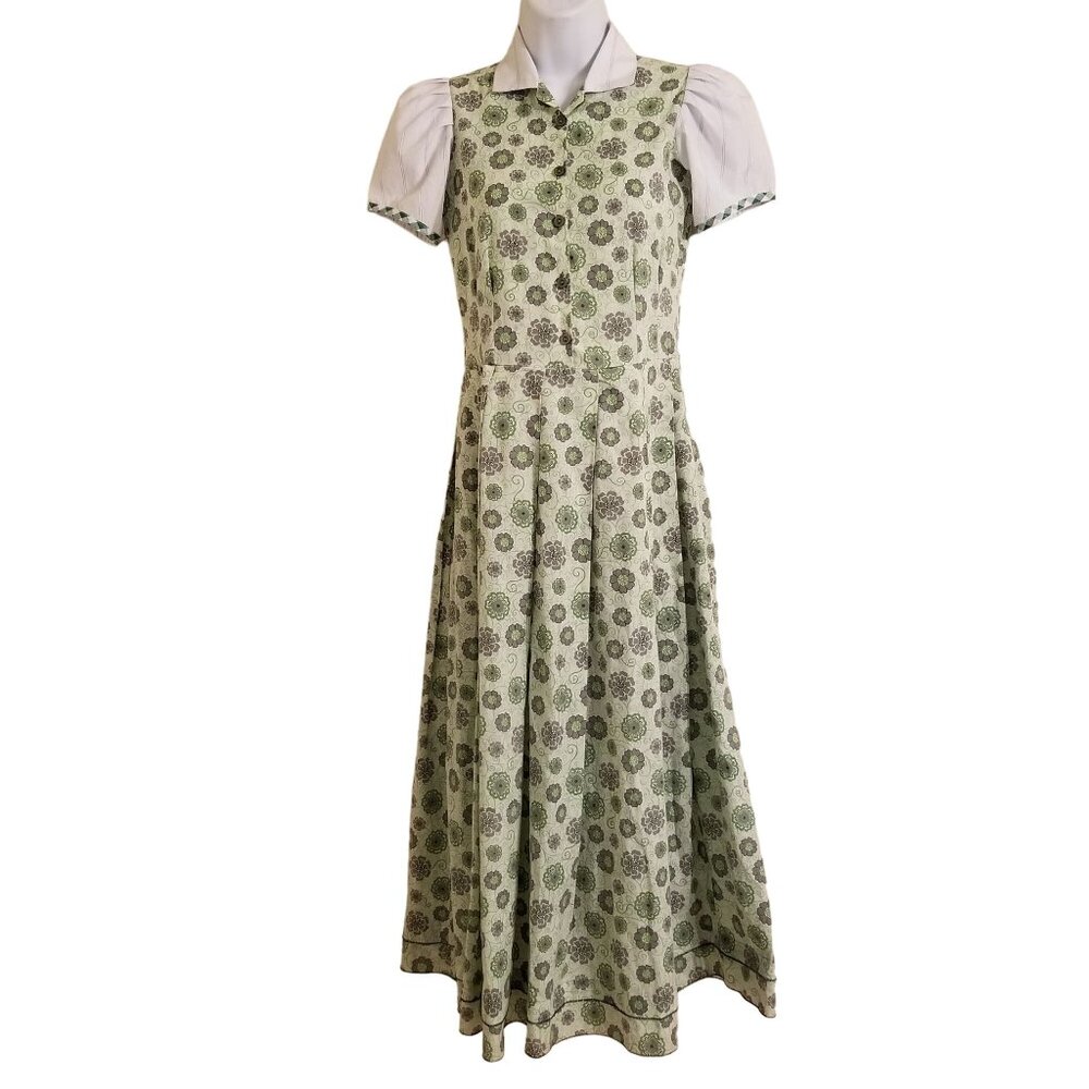 Homemade XS Green Floral Dress Pleated A Line Maxi Modest Cottagecore Prairie
